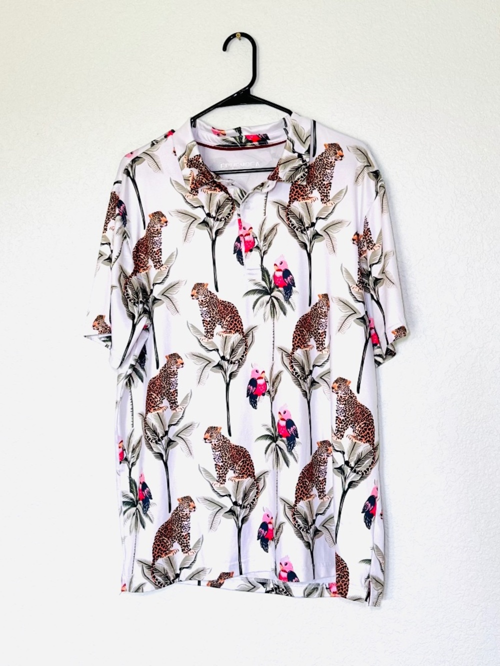 Ephemoca Performance Golf Shirt Mens L Dry Fit Tropical Graphic Cheetah Parrot